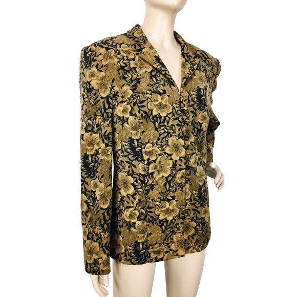 Vintage 80s 90s Floral Black Brown Button-Up Business Blazer Jacket Size 14 - Picture 1 of 8